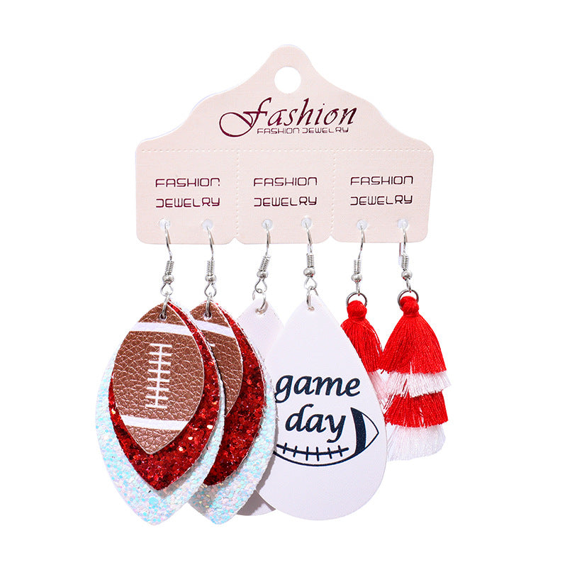 Wholesale 2 Sets Christmas Football Rugby Softball Multi-layer Teardrop Tassel Set PU Leather Earrings